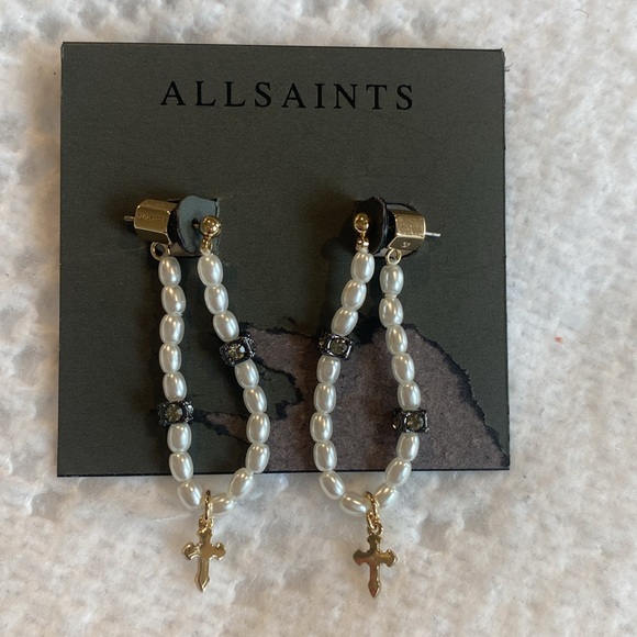 All Saints Beaded Imitation Pearl Hoop Earrings in Pearl/Gold - Picture 5 of 8